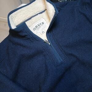 Orvis Sweater Mens Large Royal Blue Sherpa Lined 1/4 Zip Mock Neck Pullover Knit